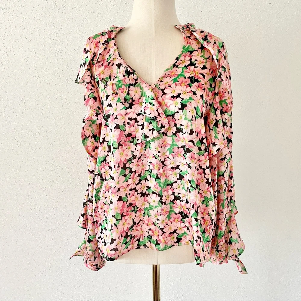 ZARA Women's Size Medium Pink Floral Long Sleeve V-Neck Ruffle Loose Blouse Top - Picture 3 of 11